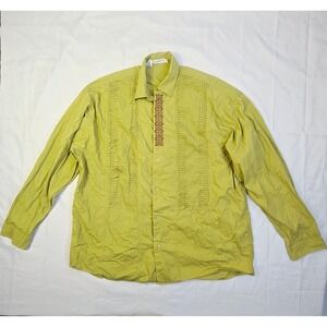 Matinique Men's Pleated Embroidered Button Down Shirt XL Green Long Sleeve V2